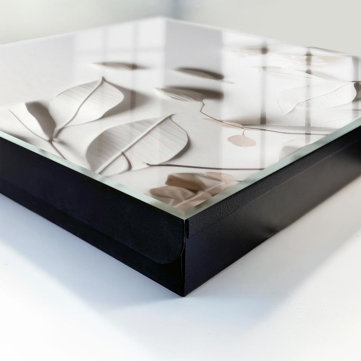 SCHLÜSSELBOX Schwarz 30x30 cm- Türöffnung nach rechts - Weiße Blätter - Weiß, Metall (30/30/5cm) - TULUP