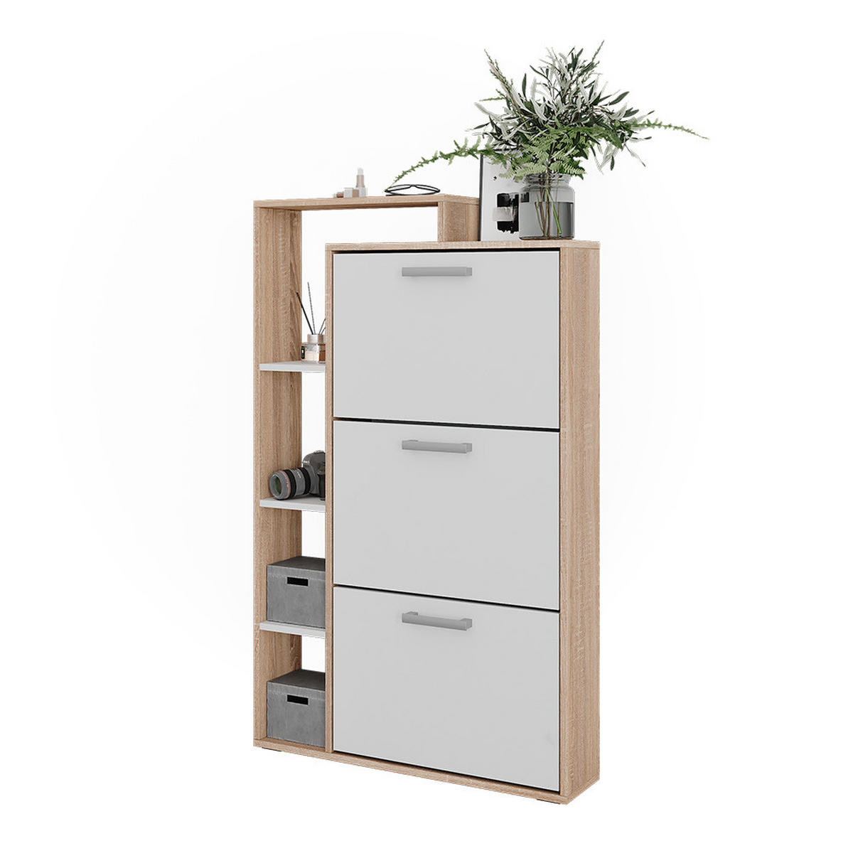 SCHUHKIPPER Orlando Weiß/Sonoma 80 x 128.3 cm mit 3 Klappfächern - Weiß/Sonoma Eiche, Holzwerkstoff (80/128.3/18.2cm) - Vicco