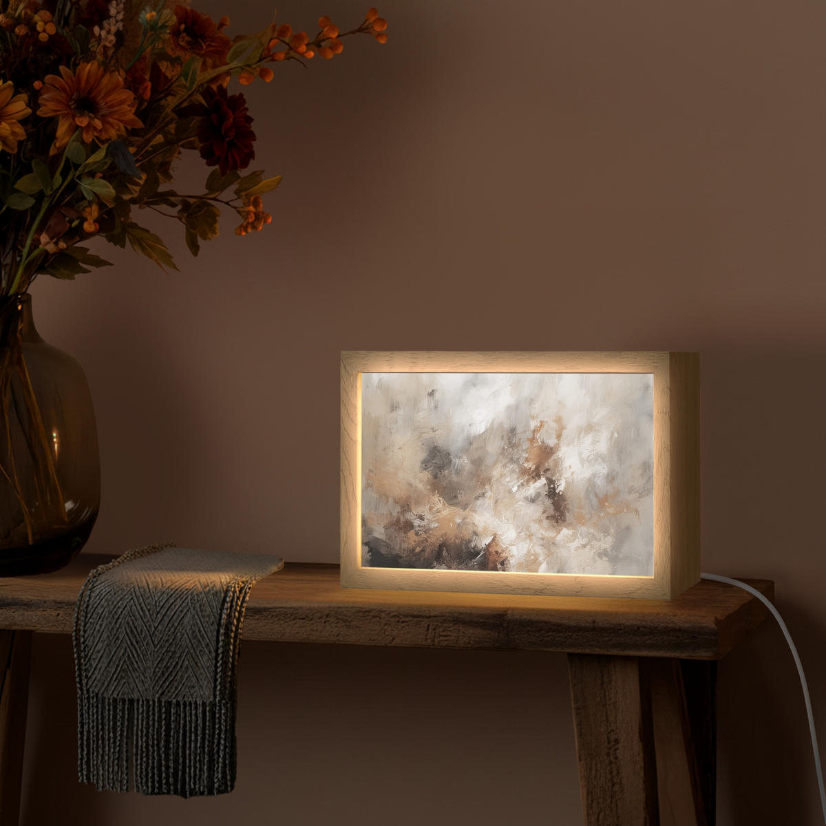 STOLNÍ LAMPA Barva - abstraktní - béžová - umění 30x20 cm - jabloňová, kompozitní dřevo (8/30/20cm) - OnlyWow