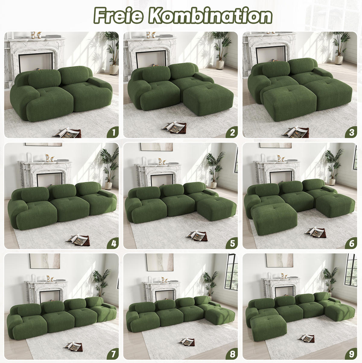 ECKSOFA 298/178/75 cm grün aus Cordstoff rahmenlos mit 32D-Hochdichteschaum und modularer Form - Grün, Textil (178/298cm) - OKWISH
