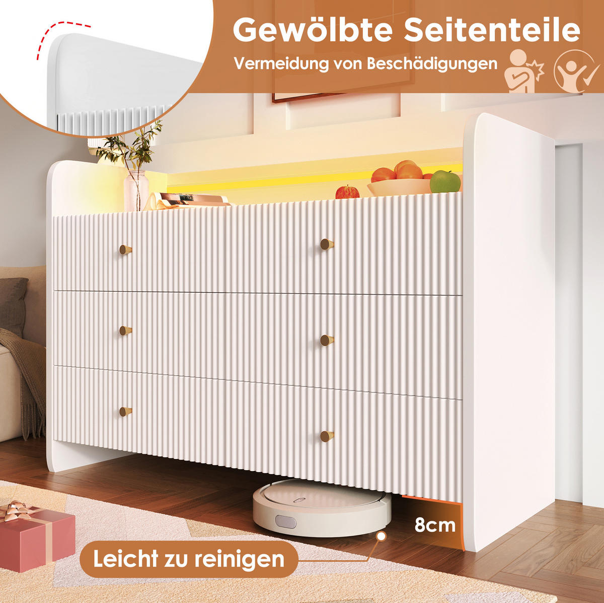 SIDEBOARD 40/120/75 cm mit LED-Beleuchtung, 6 Schubladen und offenem Fach, Weiß - Weiß, Holzwerkstoff (120/75/40cm) - Redom