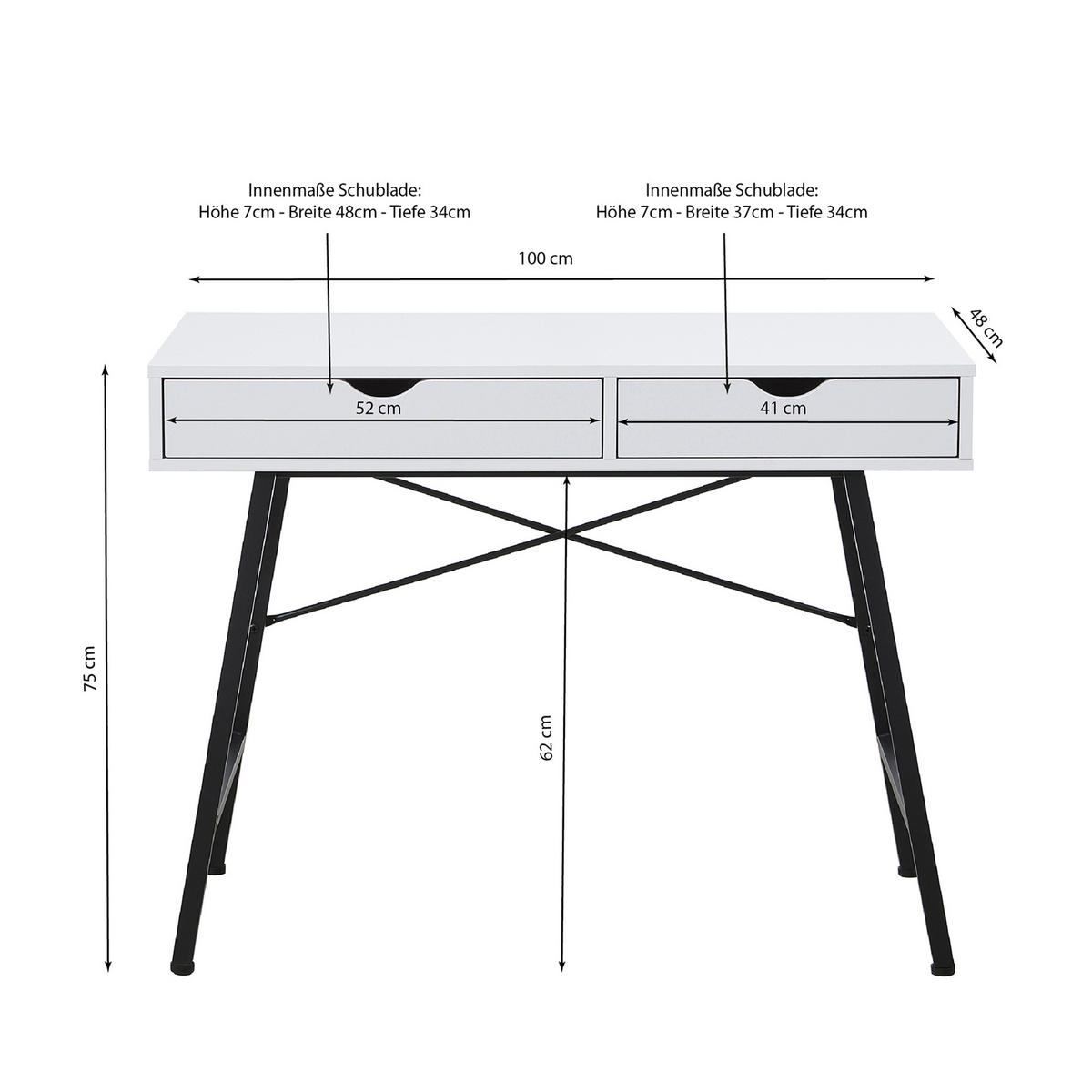 SCHREIBTISCH BOSTON mit Schublade/ Weiß und Schwarzes Metall - Schwarz/Weiß, Holzwerkstoff/Metall (120/50/151cm) - Weber Industries