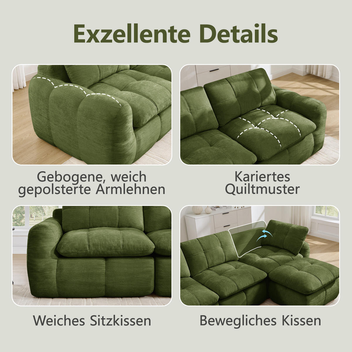 3-SITZER-SOFA DE-34464 Karostepp-Design und 32D-Schaum Grün - Grün, Textil (97/68/264cm) - ComfortXL