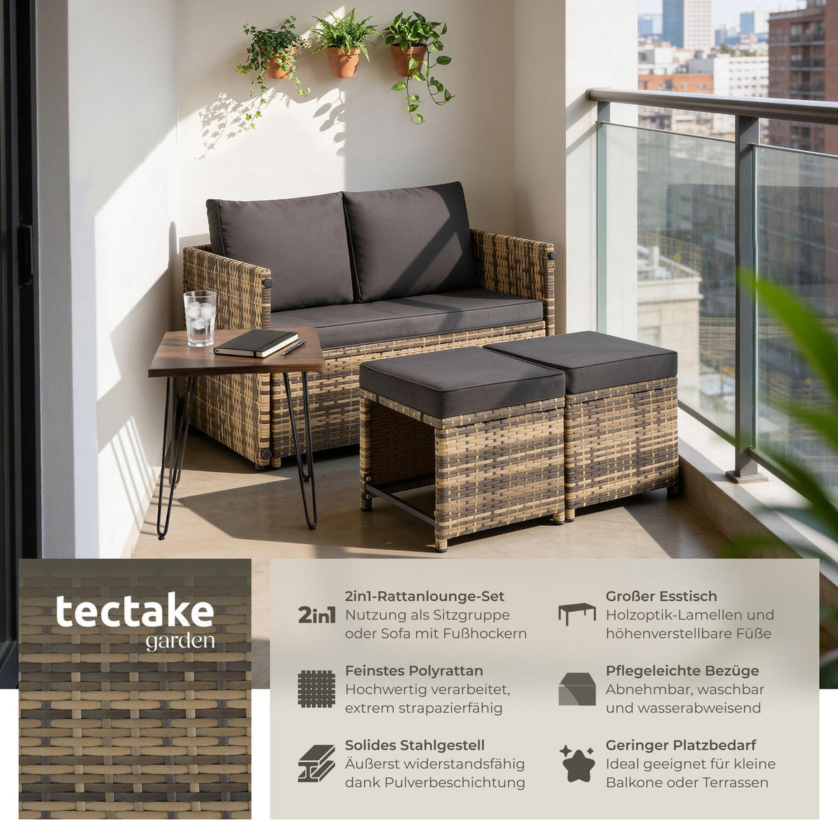 2-IN-1-RATTANLOUNGE-SET Monopoli, höhenverstellbare Tischfüße, natur - Naturfarben, Kunststoff - tectake