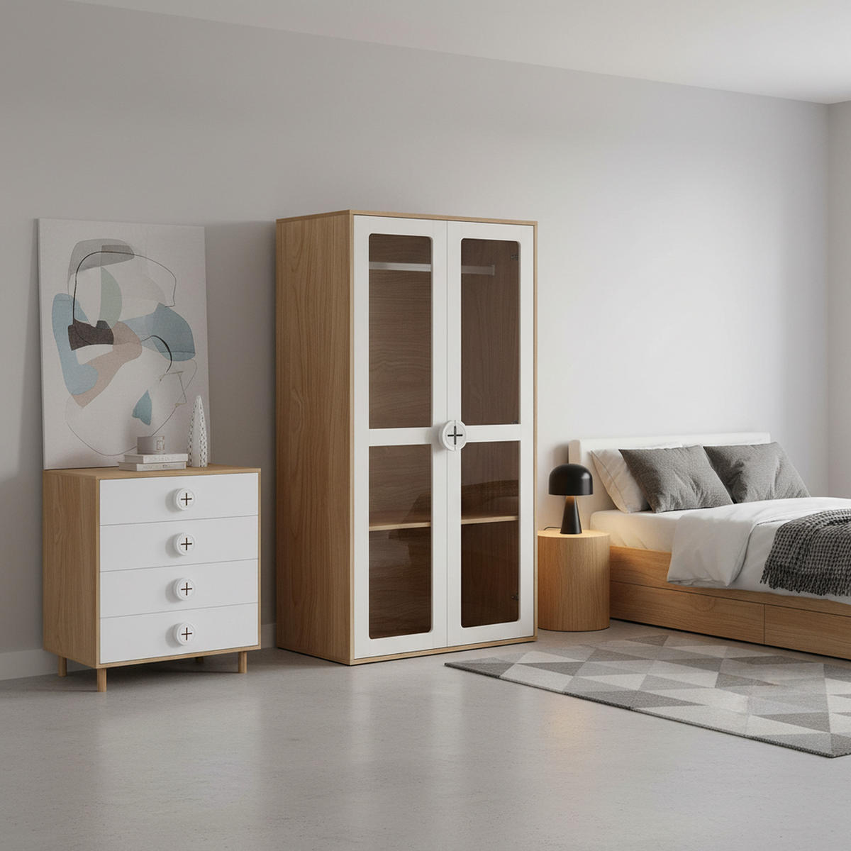 KLEIDERSCHRANK SET Weiß & Holz mit Kommode 2-tlg Möbelkombination - Sonoma Eiche, Glas/Holzwerkstoff (80/150/50cm) - Urban Meuble