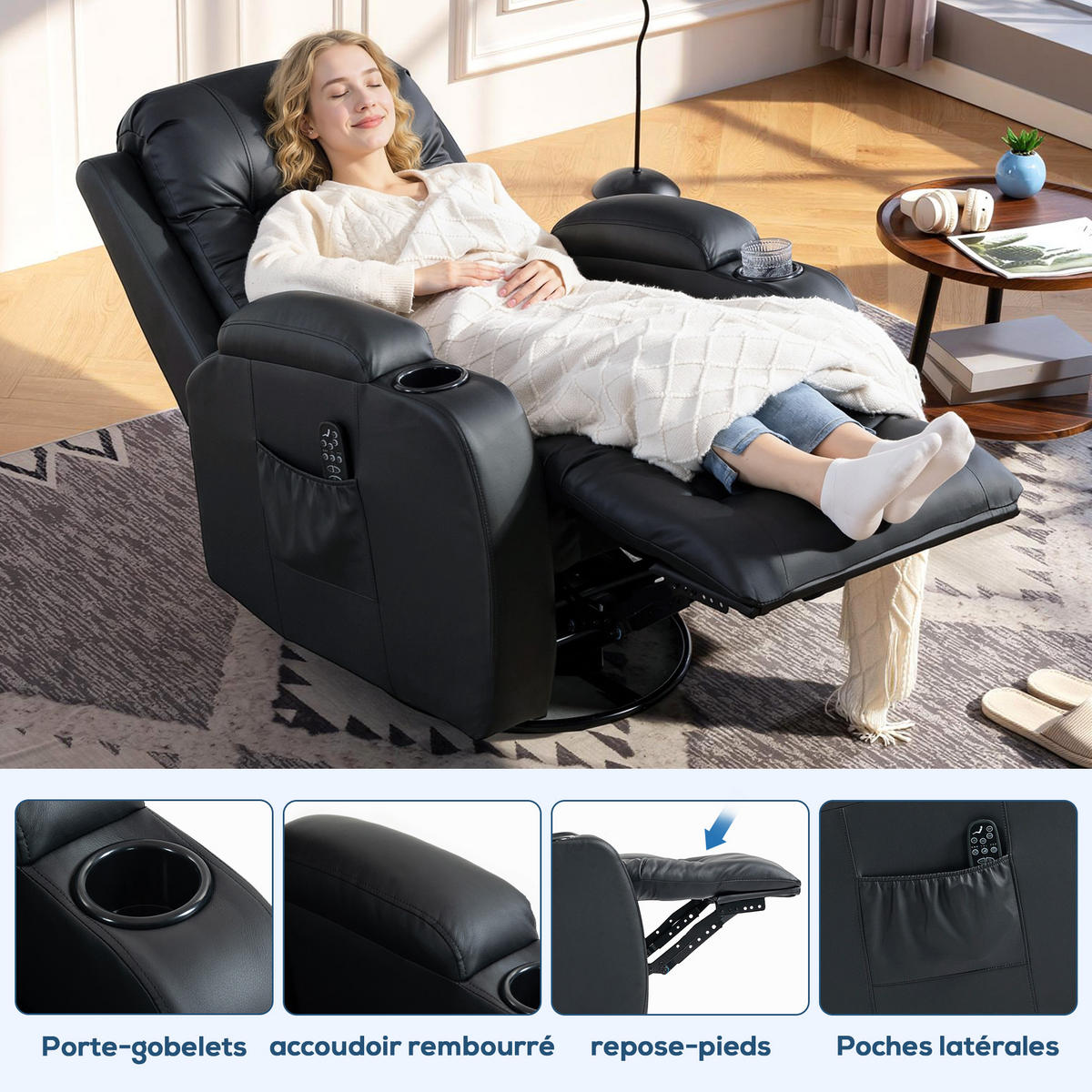 MASSAGESESSEL DE-15449 8 Massagepunkte mit Heizung und 360° Drehung Schwarz - Schwarz, Leder (82/103/99cm) - ComfortXL
