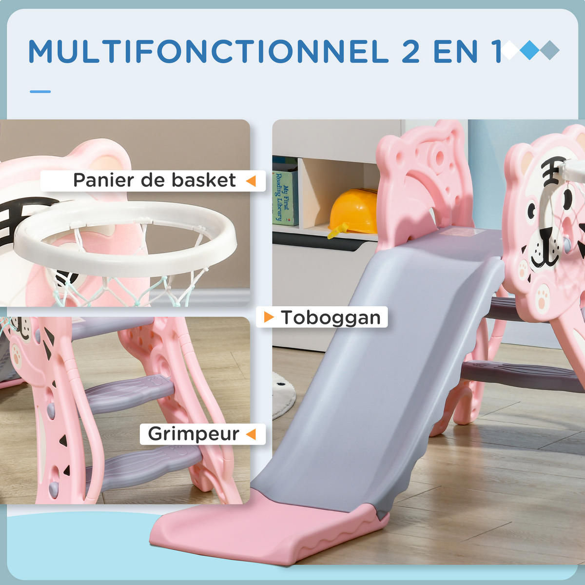 KINDERRUTSCHE DE-17985 3-in-1 mit Basketballkorb & Tigermotiv Rosa - Pink, Kunststoff (60/70/133cm) - ComfortXL