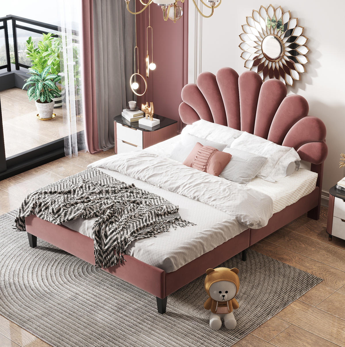 SAMT-POLSTERBETT 140/200 cm mit Lattenrost und floralem Kopfteil in Bohnenrot - Dunkelrosa, Textil (140/200cm) - BEAOK