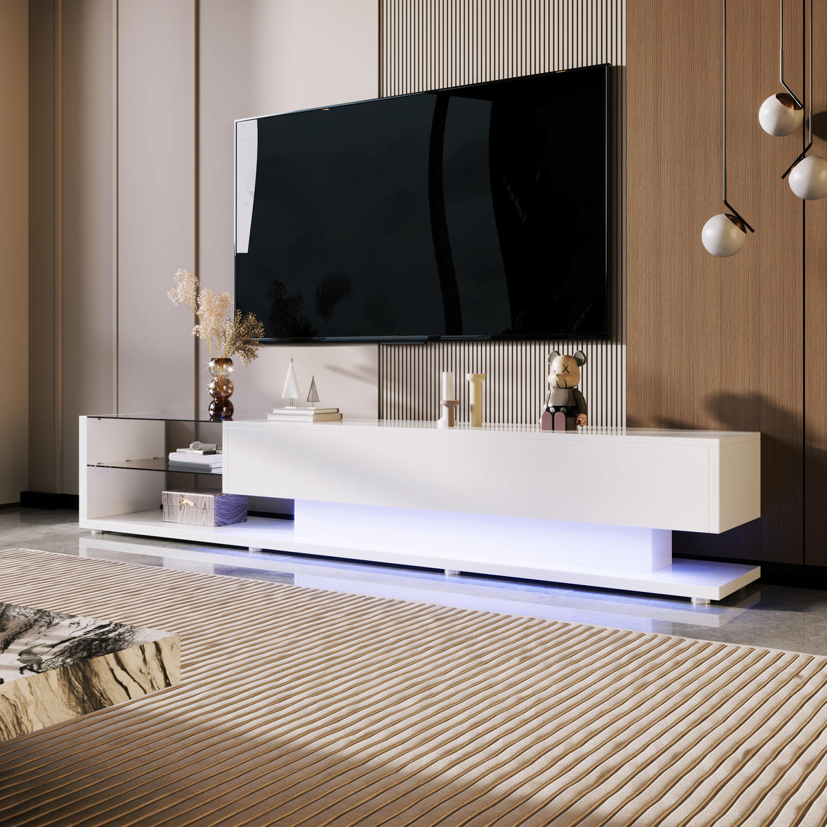 TV-ELEMENT 170 cm Hochglanz Weiß mit Glasflächen und LED-Beleuchtung - Weiß, Holzwerkstoff (36/38/170cm) - Korfee