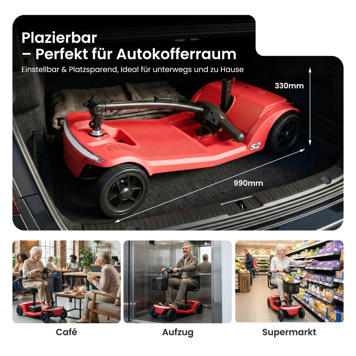 ELEKTROMOBIL mit vier Rädern für Senioren, Tragkraft 136 kg, Geschwindigkeit 6 km/h - Rot, Metall (99.9/82/48.5cm) - Gisaae