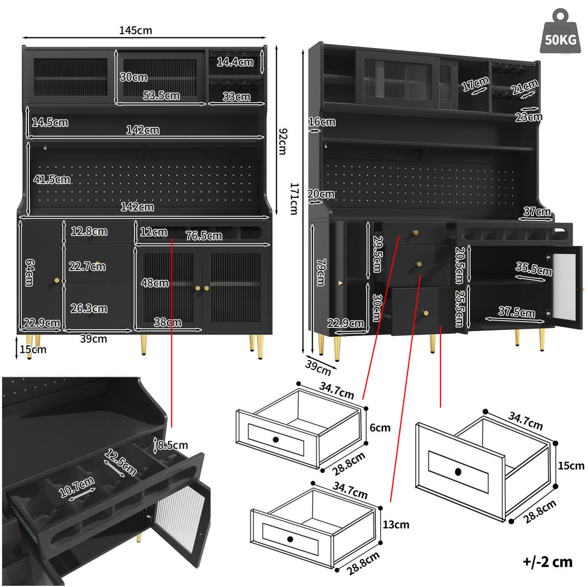 HOCHSCHRANK mit LED 145x39x171 cm MDF Glas Black - Schwarz, Glas (39/171/145cm) - Meubliv