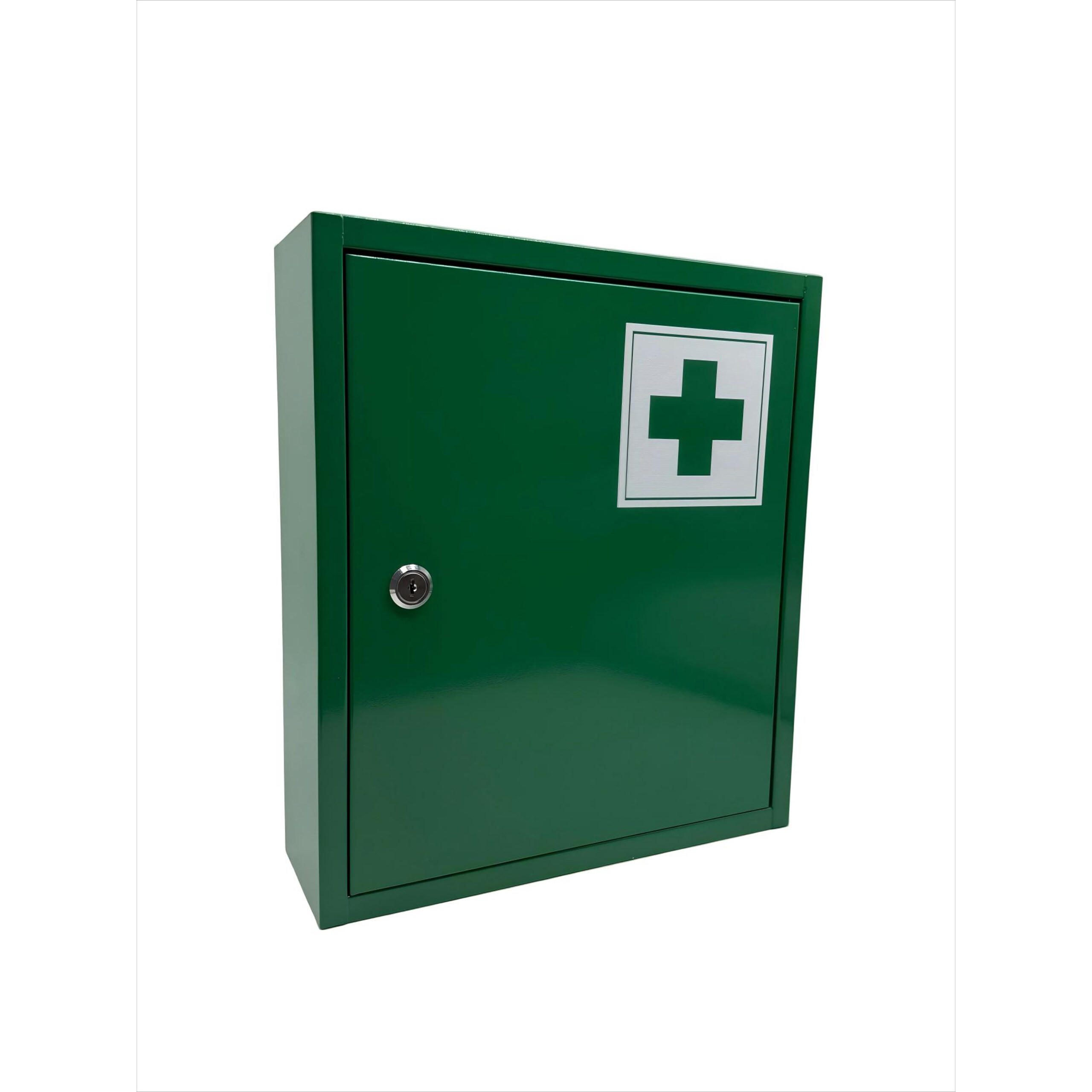 MEDICINSKÅP grön låsbart metall med kors 36 cm 36/31/10 cm