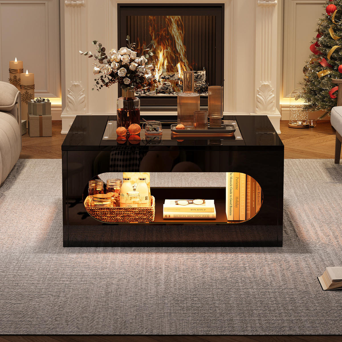 COUCHTISCH aus MDF und Glas 70x70x35 cm Schwarz mit LED-Beleuchtung, App-Steuerung und Stauraum - Schwarz, Holzwerkstoff (70/70/35cm) - Modfu