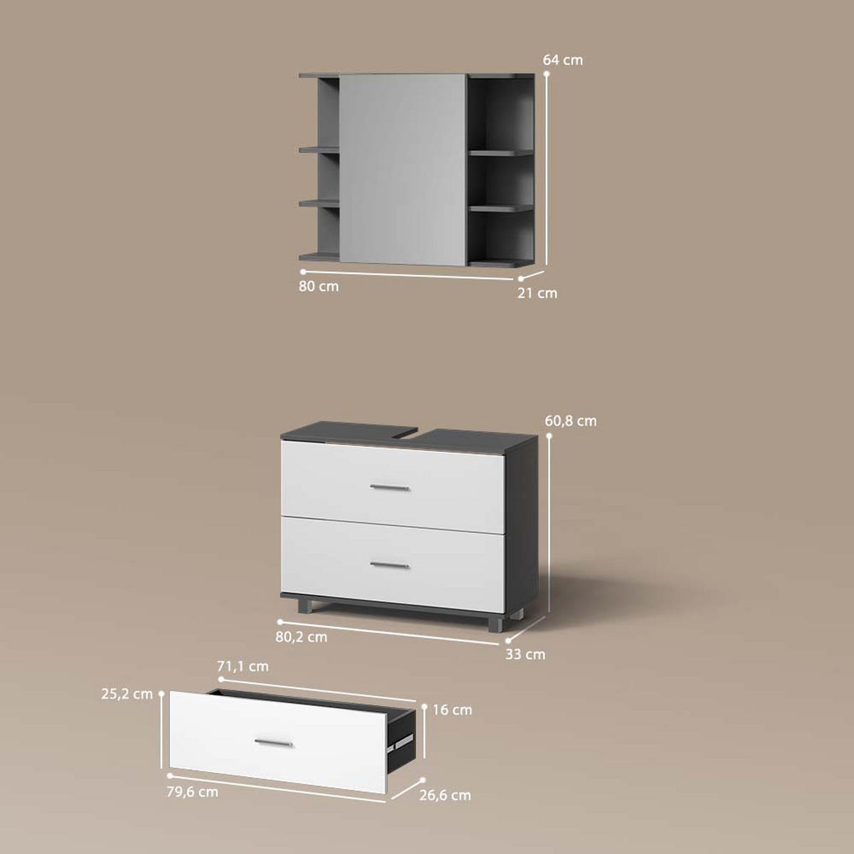 BADMÖBEL-SET Eisak Weiß/Anthrazit 2 Teile, Unterschrank 80 cm - Anthrazit/Weiß, Holzwerkstoff (80/60/33cm) - Livinity®