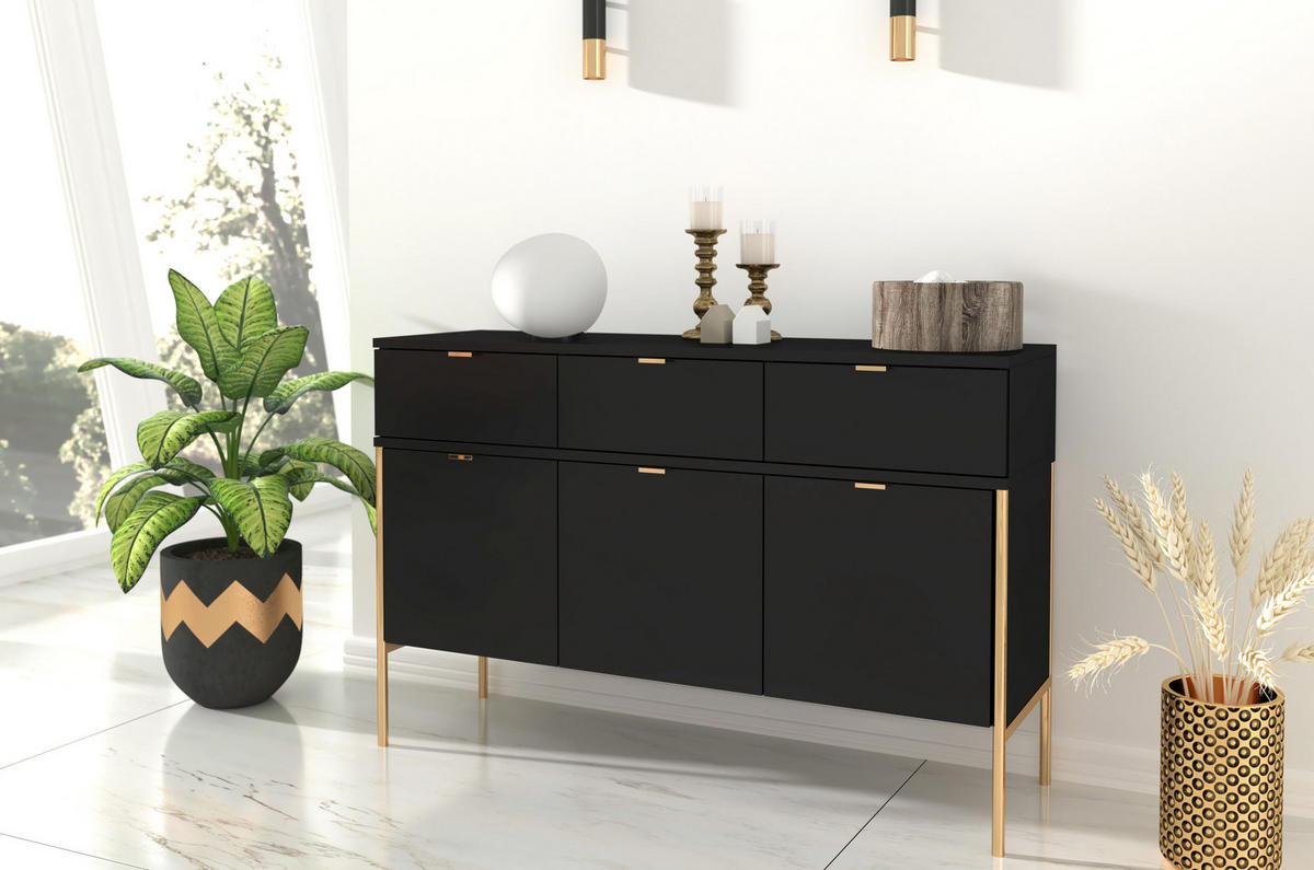 SIDEBOARD Polka, Schwarz, Goldene Details - Goldfarben/Schwarz, Holzwerkstoff/Metall (120/78/37cm) - Skandica