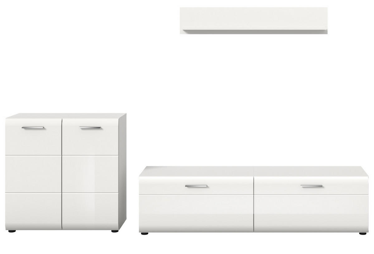 WOHNWAND weiß Hochglanz 3-teilig 255 cm, Schrankwand modernes Design - Weiß Hochglanz/Silberfarben, Glas/Holzwerkstoff (255/160/41cm) - Inn.Furn