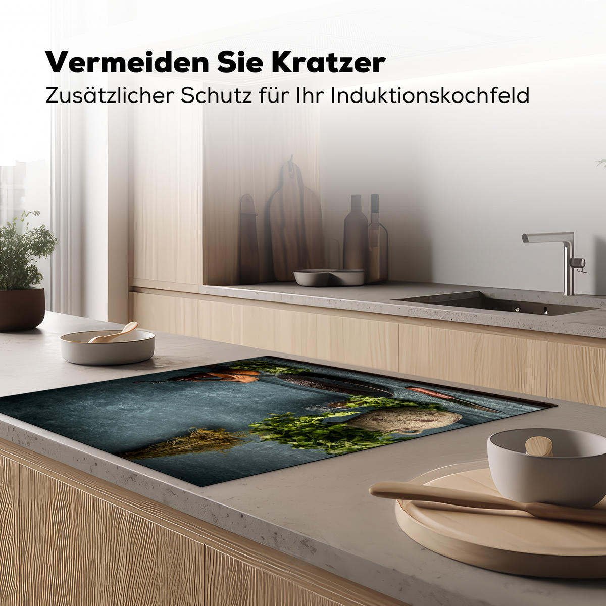 HERDABDECKPLATTE Kräuter - Gewürze - Pfanne - Messer - Grau - Rustikal Induktionsmatte 78x78 cm - Petrol, Kunststoff (78/78/0.2cm) - MuchoWow