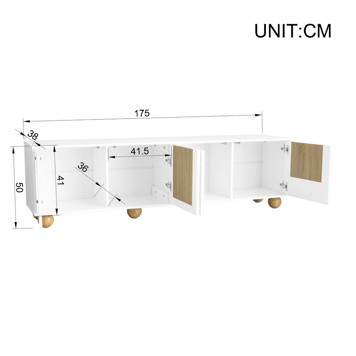 LOWBOARD 175/38/50 cm Natur/Weiß aus MDF und PB mit 4 Türen - Hellbraun, Holzwerkstoff (38/50/175cm) - OKMYHOME