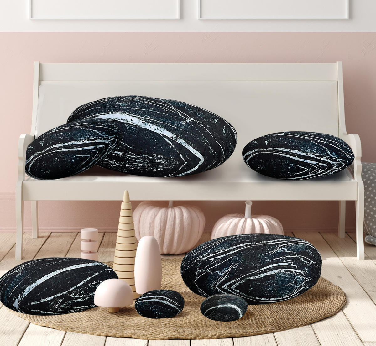 STEIN Schwarzer Marmor Kissen 7er-set - Schwarz, Textil (76/40cm) - Vercart