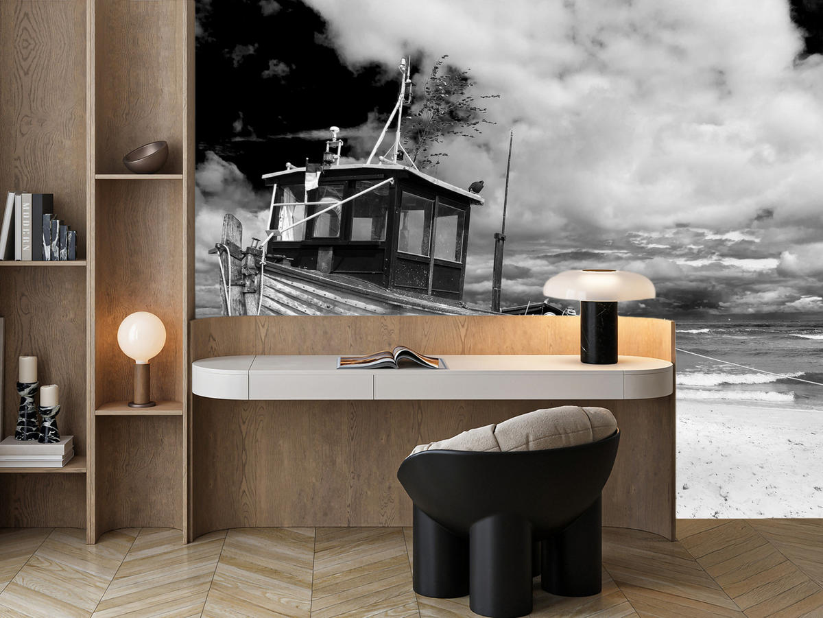 FOTOTAPETA Pre Obývaciu Izbu Čierno-Biela Loď Pláž More 450 x 315 cm - čierna/sivá, papier (450/315cm) - Muralo