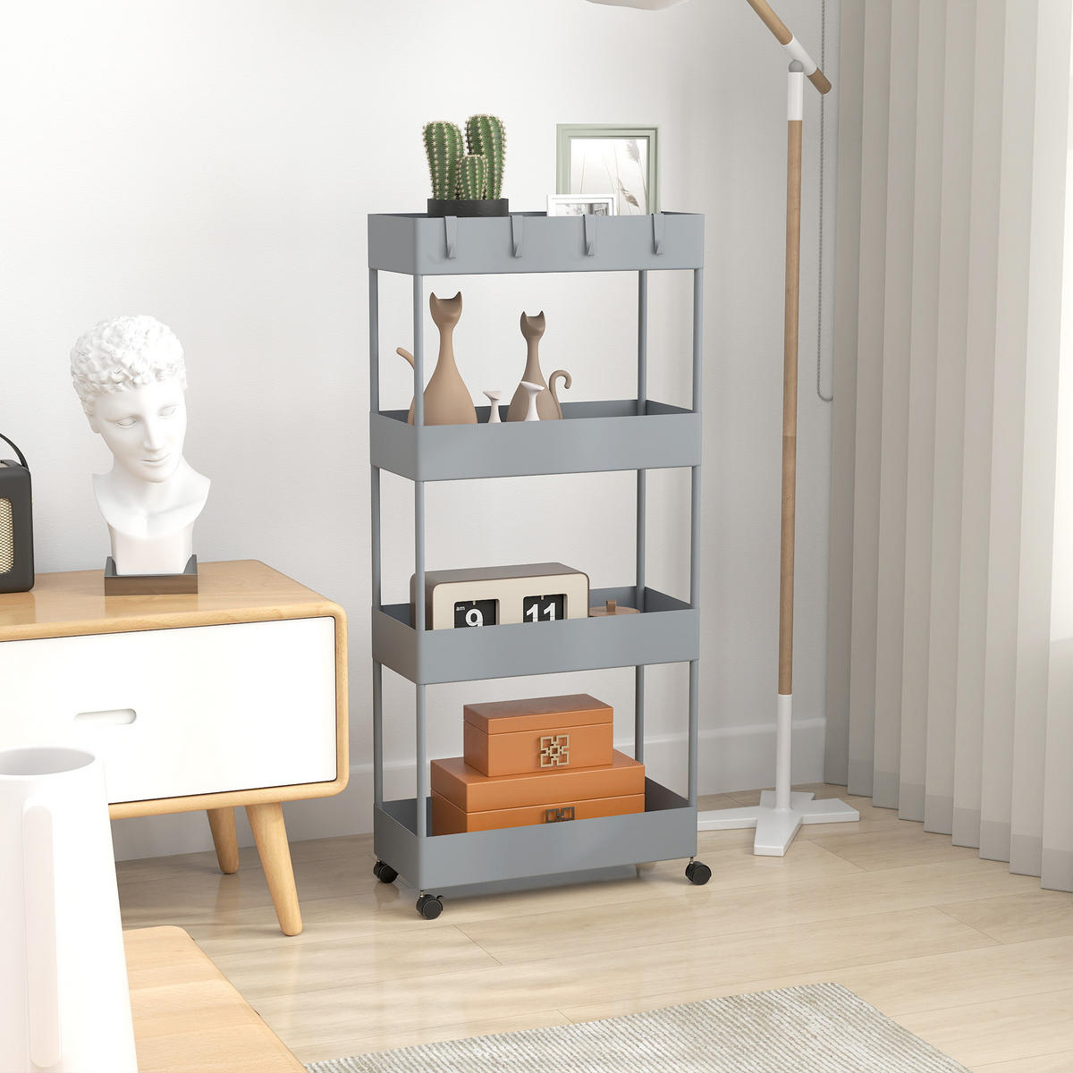 ROLLWAGEN mit 4 Ebenen, Kunststoff, Grau, 40 x 19 x 90 cm - Grau, Metall (40/90/19cm) - HOMCOM