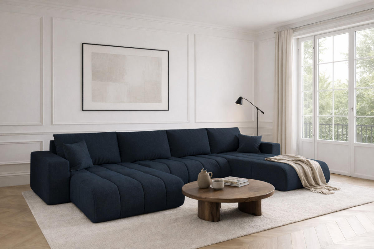 ECKSOFA mit schlaffunktion und bettkasten MILO U PREMIUM, stoff WIND, Dunkelblau - Dunkelblau, Holz (384/190cm) - Kaiser Möbel