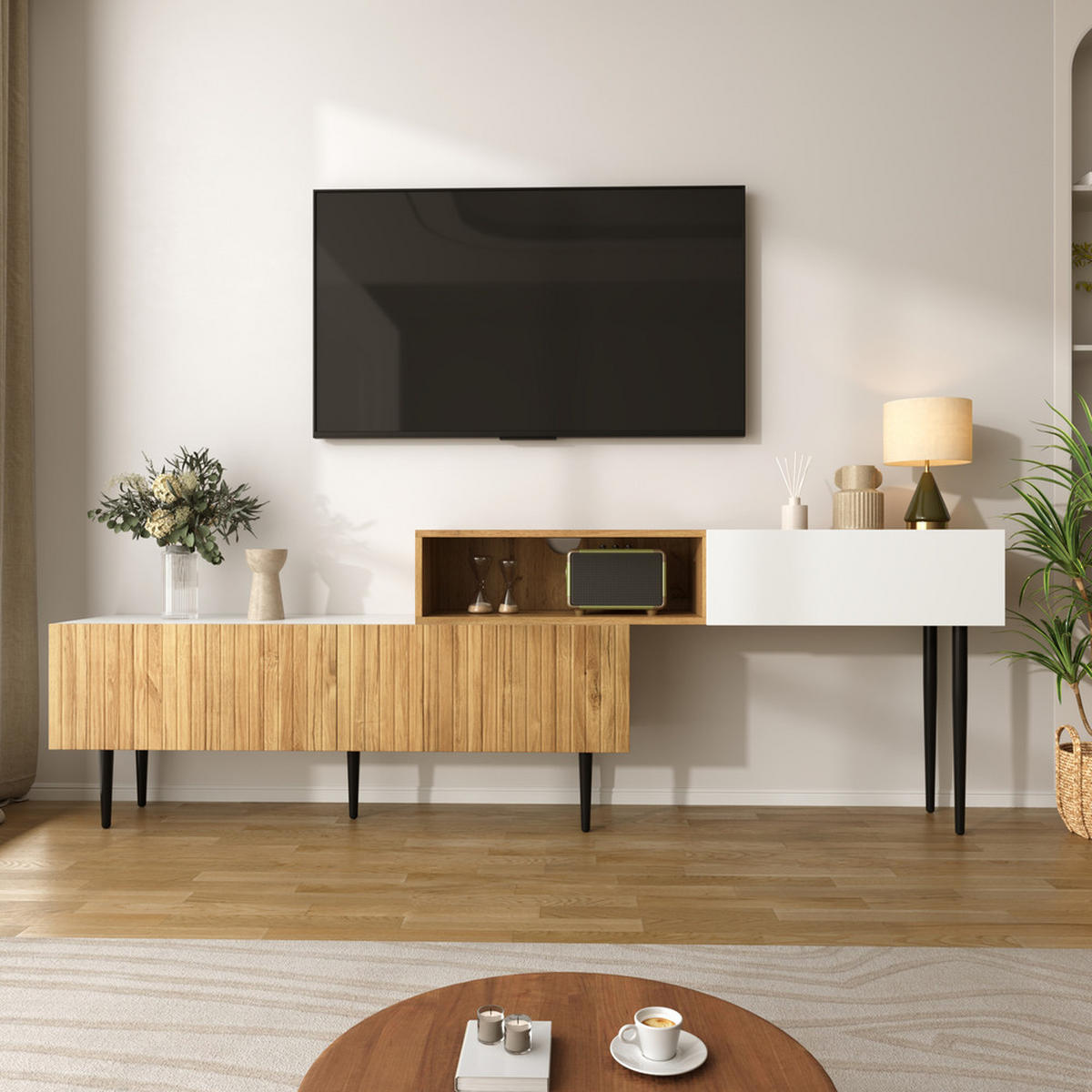 TV Schrank Moderner verstellbar 2 teiliges Design Holzoptik - Weiß, Holz (38.1/63.4/133.35cm) - FLIEKS