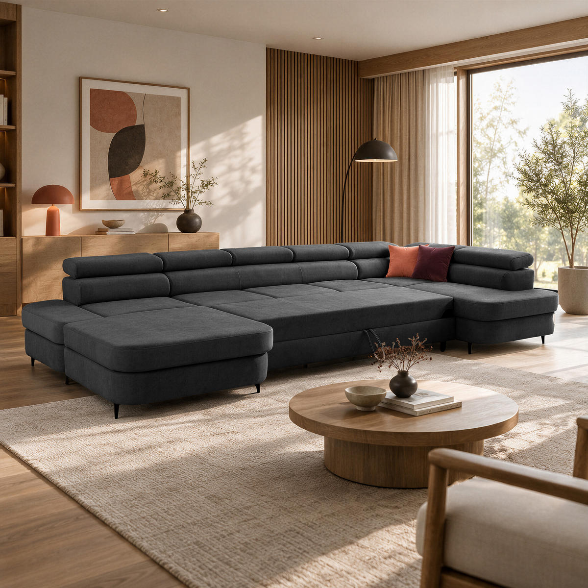 ECKSOFA U-Form PRIAM MAXI U Rechts mit Schlaffunktion 125x317 Velours Dunkelgrau - Dunkelgrau/Schwarz, Holz/Textil (400/91/203cm) - Muffo
