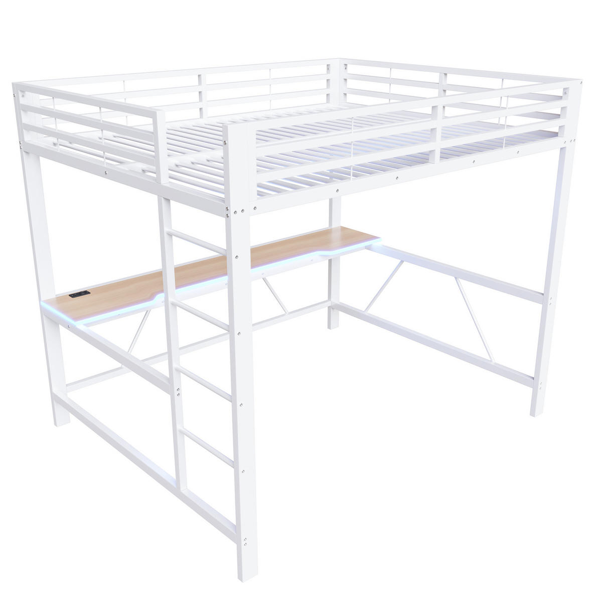 GAMING-HOCHBETT aus Metall und MDF 160x200 cm Weiß mit Schreibtisch, LED-Beleuchtung und Rundum-Schutz - Weiß, Holzwerkstoff (160/200cm) - Modfu