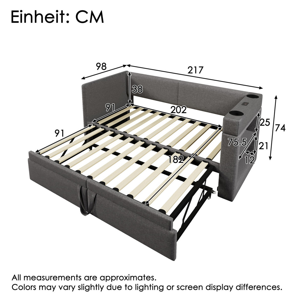 BETT 90/200 cm mit Ausziehbett, Armlehnen mit USB- & Type-C-Anschlüssen Getränkehalter Leinen-Mischgewebe Grau - Grau, Textil (90/200cm) - OKWISH
