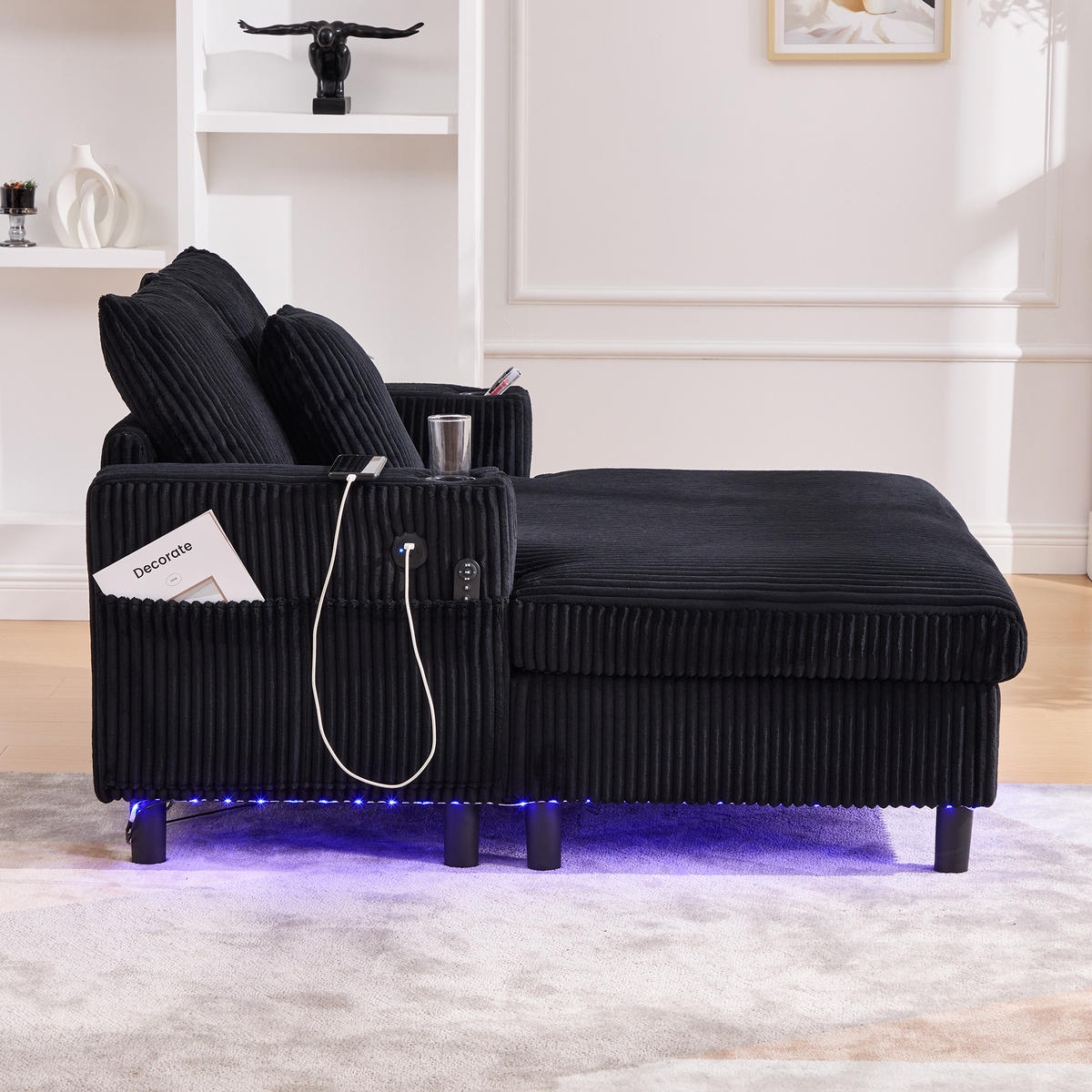 SCHLAFSOFA 1-Sitzer Corduroy Schwarz mit LED-Beleuchtung, USB-Anschlüssen und Getränkehaltern - Schwarz, Textil (128/85/142cm) - Luhomfu