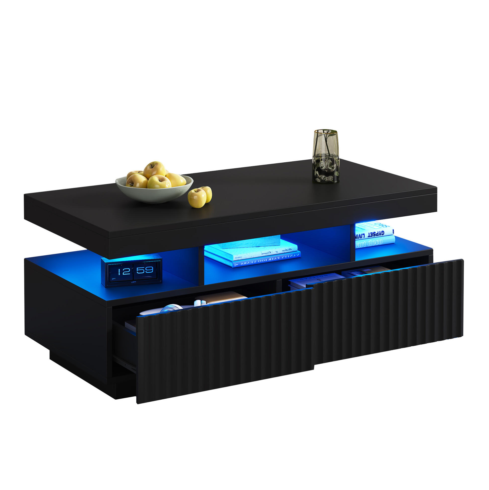 COUCHTISCH 100/50/45 cm in Schwarz mit 2 Schubladen und LED-Beleuchtung - Schwarz, Holzwerkstoff (100/50/45cm) - Flora Grace