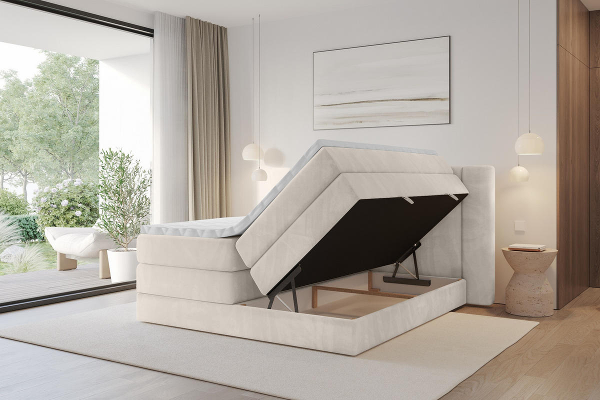 BOXSPRINGBETT mit Matratze H3/H4 - EVON KING - 140x200 cm Beige - Beige, Holzwerkstoff (140/200cm) - ALTDECOR
