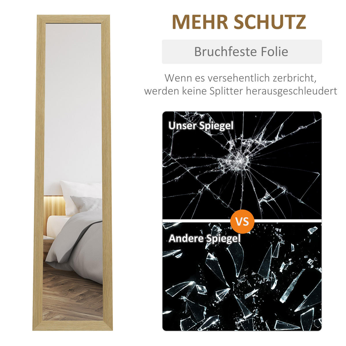 STANDSPIEGEL mit Ständer, freistehend, für Schlafzimmer, Flur, Alu, Eiche - Naturfarben, Glas (40/155/37cm) - HOMCOM