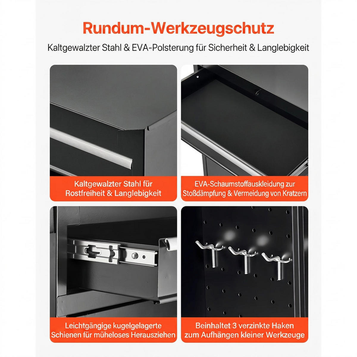 WERKZEUGKOFFER 2-in-1-Werkstattwagen 5 Schubladen Rollbarer Werkzeugschrank Abschließbar - Schwarz, Metall (10/10/10cm) - Raelunyi