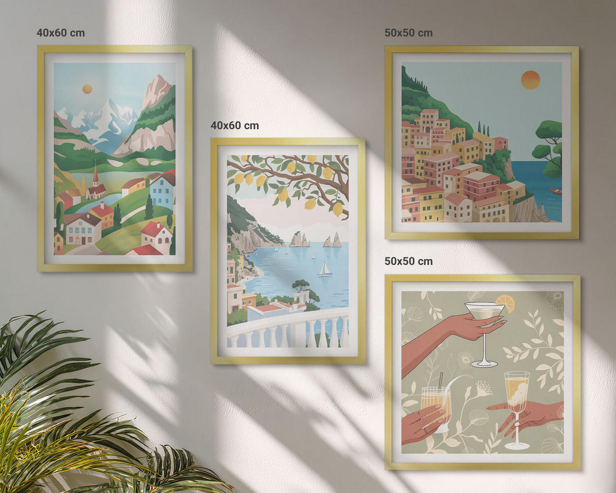 WANDBILDER 4er Set - 50x50 cm & 40x60 cm Goldrahmen - Pastellfarbene Küstenhäuser - Goldfarben, Kunststoff (50/50cm) - ArtPrintCave