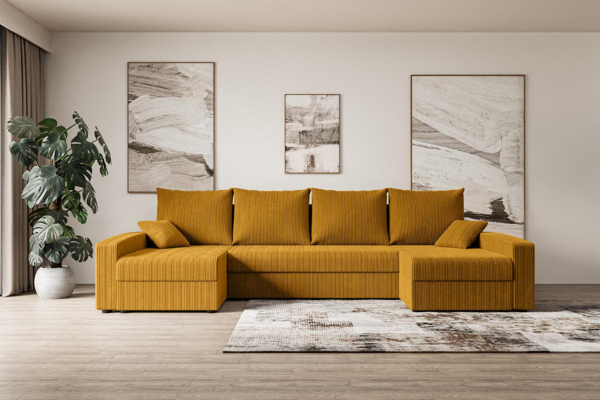 WOHNLANDSCHAFT mit Schlaffunktion und Bettkasten ALESIA-U 301x140x90 cm Senfgelb Cord - Gelb/Silberfarben, Holzwerkstoff/Kunststoff (301/90/140cm) - ALTDECOR