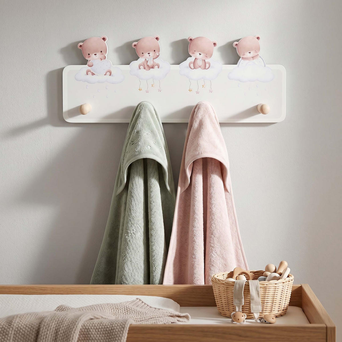 VĚŠÁK Barevný MDF borovicové dřevo 4 háčky 15x38 cm - různobarevná/světle růžová, dřevo/kompozitní dřevo (38/15/5.5cm) - Relaxdays
