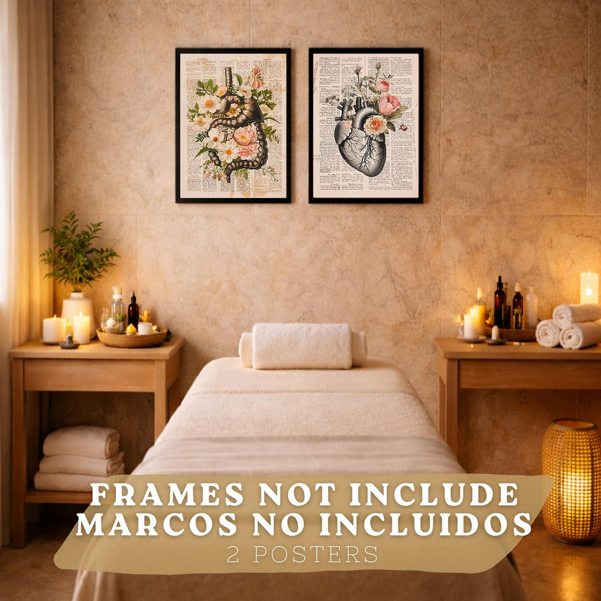 POSTER Set aus 2 Anatomie Mensch Drucke und Wandbilder mit Verdauungssystem Darm und Herz Klassisches Florales Design Größe Rahmenlos A4 - Klar, Papier (21/29.7/3cm) - Nacnic
