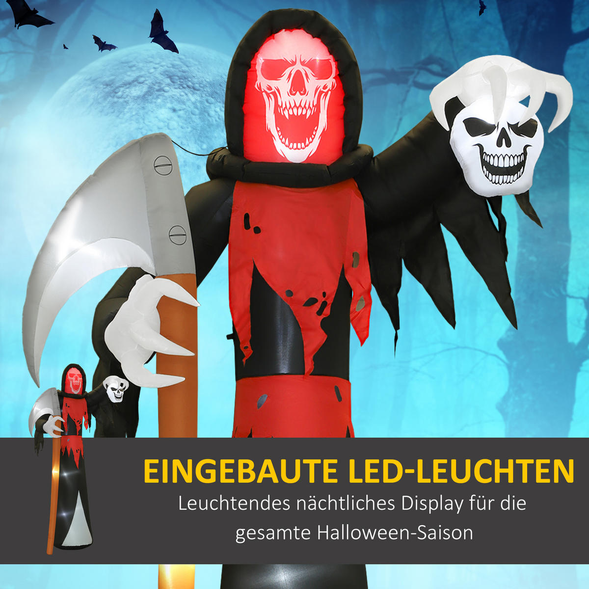 HALLOWEEN-DEKORATION 3,7 m riesiger Sensenmann mit LED-Beleuchtung für Outdoor - Schwarz, Textil (115/370/205cm) - Outsunny