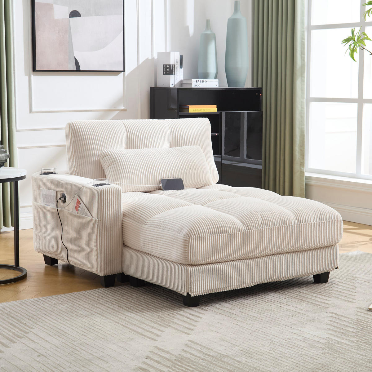 SESSEL mit USB und Getränkehaltern 140 x 112 x 81 cm Cord Beige - Beige, Holz (112/81/140cm) - Meubliv
