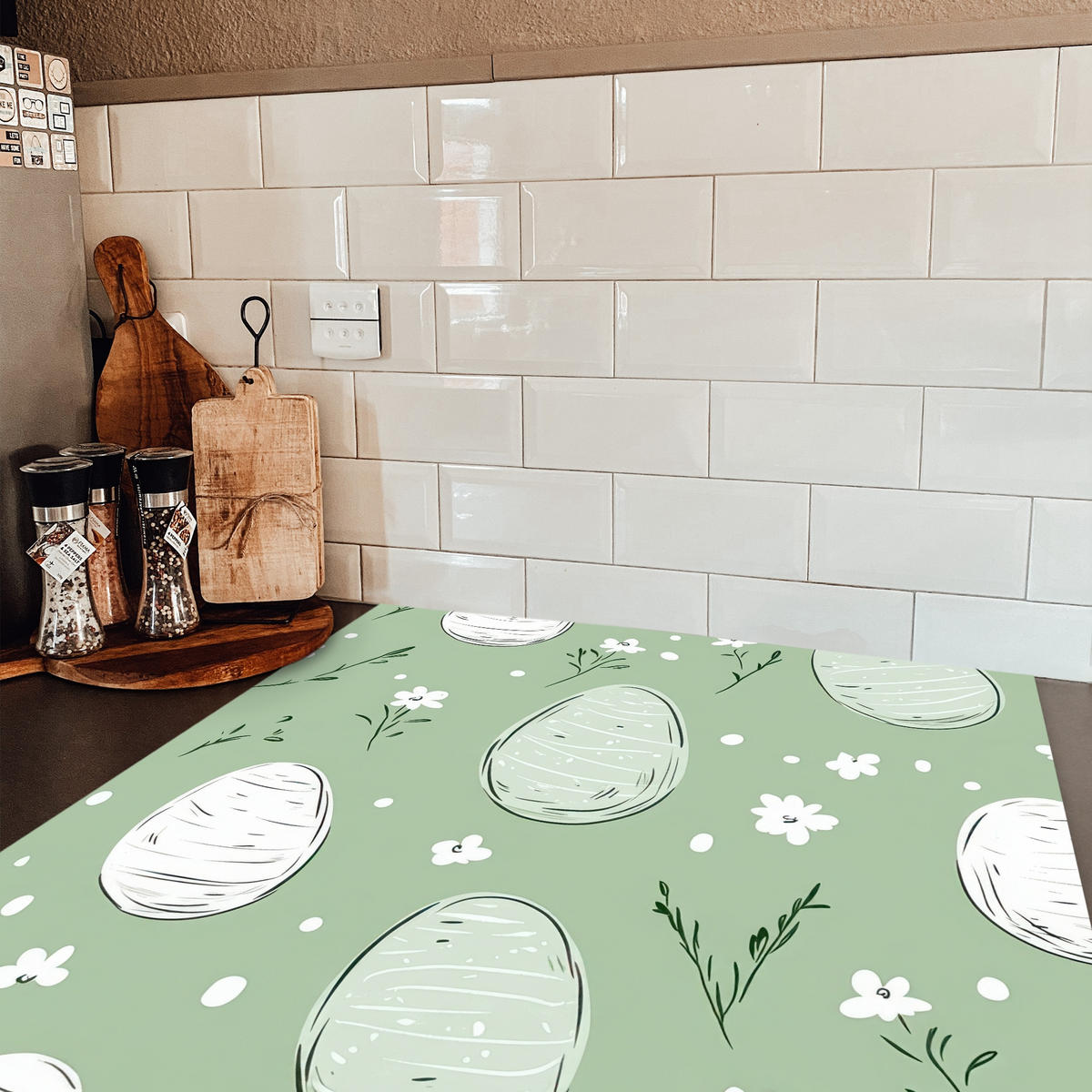 HERDABDECKPLATTE Grün - Eier - Muster Induktionsmatte 78x78 cm - Waldgrün, Kunststoff (78/78/0.2cm) - MuchoWow