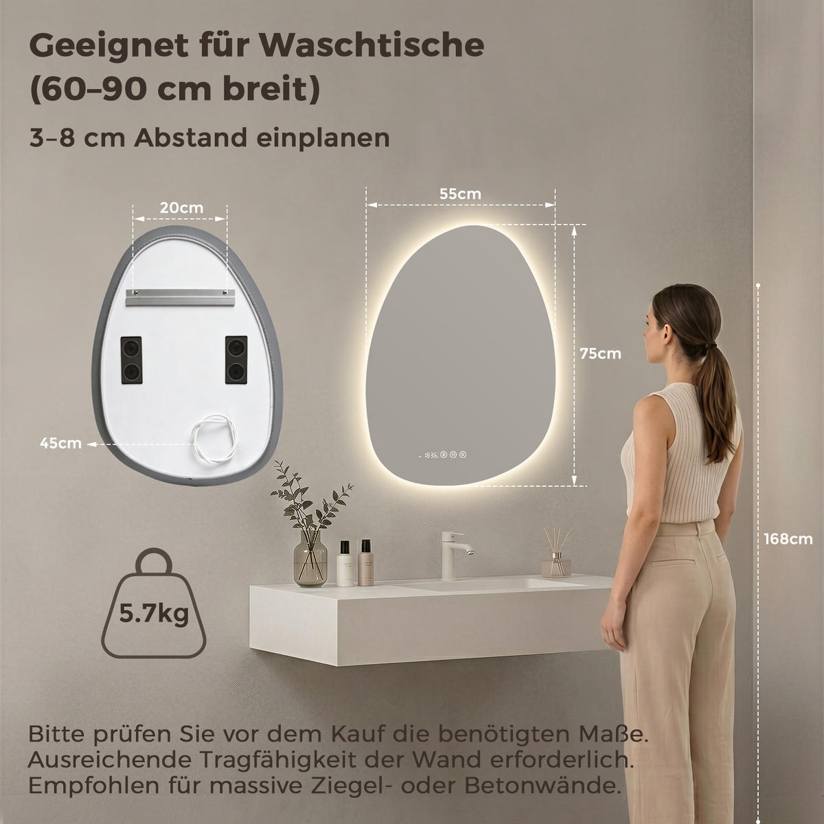 BADSPIEGEL MIT BELEUCHTUNG 75/55 cm asymmetrisch Bluetooth LED mit Antibeschlag - Transparent, Glas (55/75/3cm) - S'AFIELINA