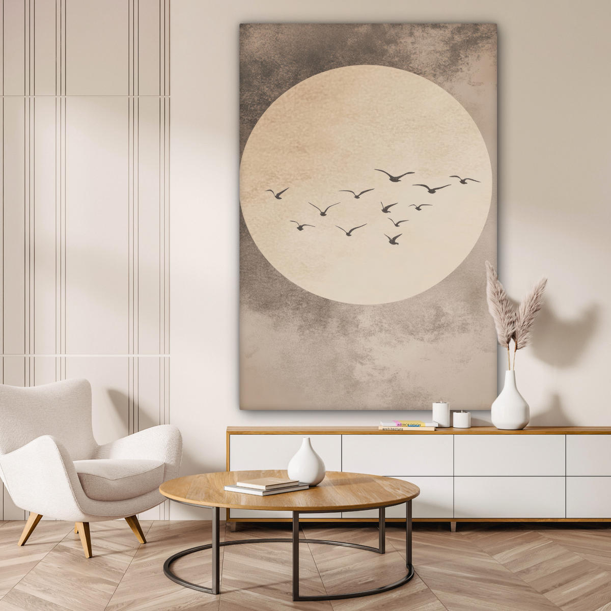 LEINWANDBILD Vogel - Beige - Japanisch 90x140 cm - Taupe, Textil (90/140cm) - MuchoWow