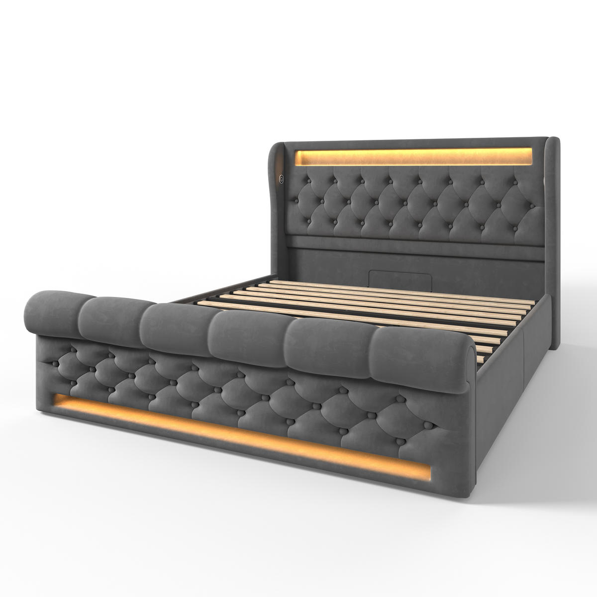 POLSTERBETT 140/200 cm Grau mit LED-Beleuchtung, Stauraum und USB-Anschlüssen - Grau, Textil (140/200cm) - OKWISH