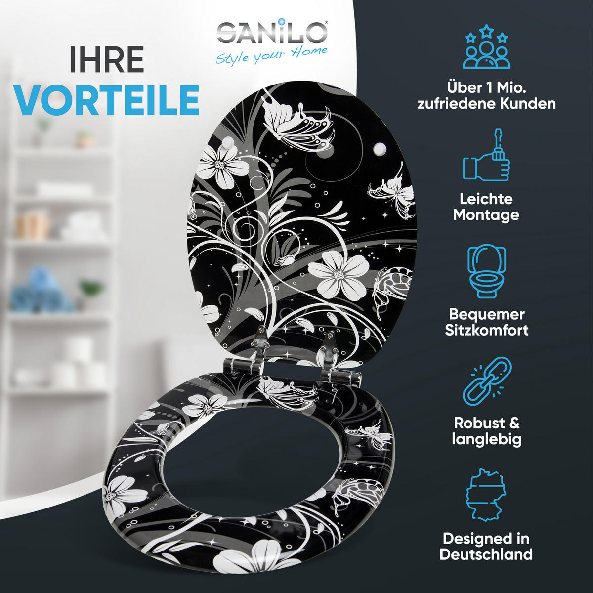 WC-SITZ mit Absenkautomatik White Flower - Schwarz, Holzwerkstoff (38/6/47cm) - Sanilo