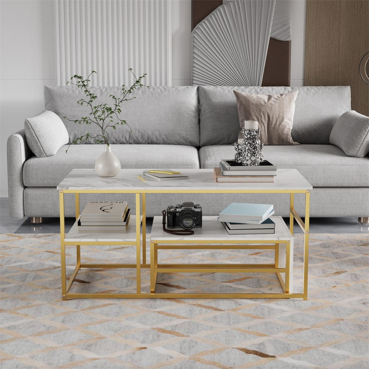 COUCHTISCH - Rechteckiger Couchtisch in Marmoroptik mit Metallgestell - Weiß und Gold - Goldfarben, Holzwerkstoff (52/105/48.5cm) - DELFA
