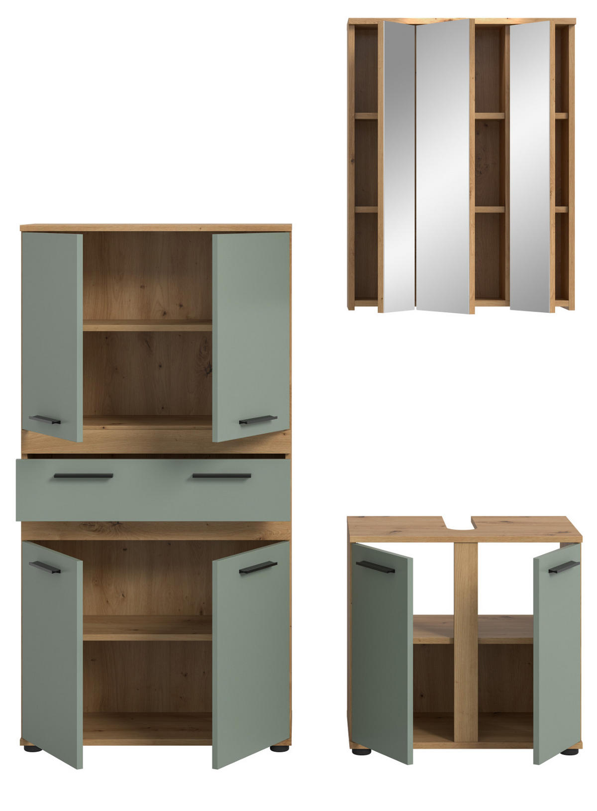 BADMÖBEL-SET 3-teilig Salbei grün, Artisan Eiche 145 cm, moderne Badkombination - Salbeigrün/Schwarz, Glas/Holzwerkstoff (145/191/34cm) - Inn.Furn