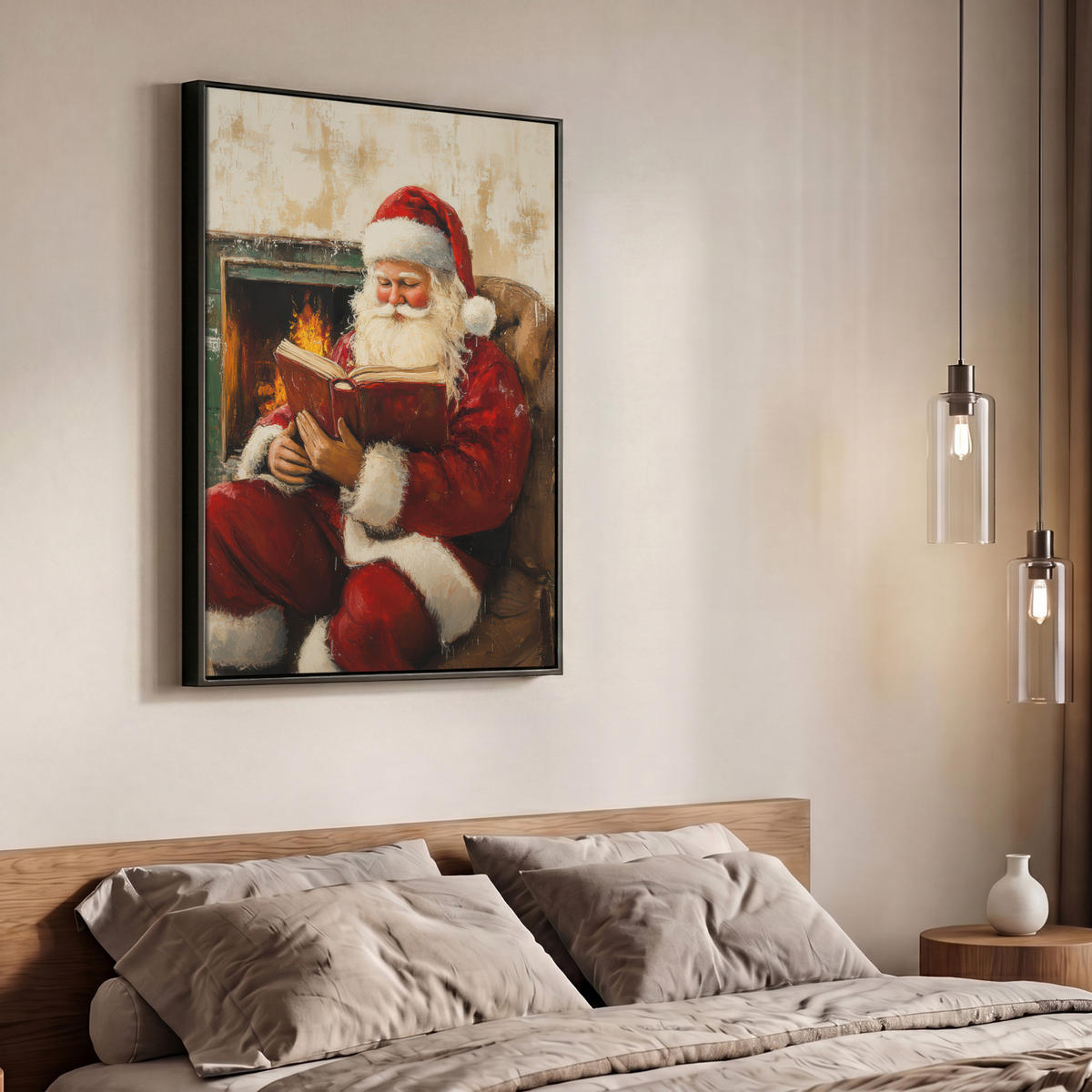 LEINWAND Bilder mit Rahmen - Weihnachten - Weihnachtsmann - Winter - Open Fireside - 70x100 - Dunkelrot, Textil (70/100cm) - MuchoWow