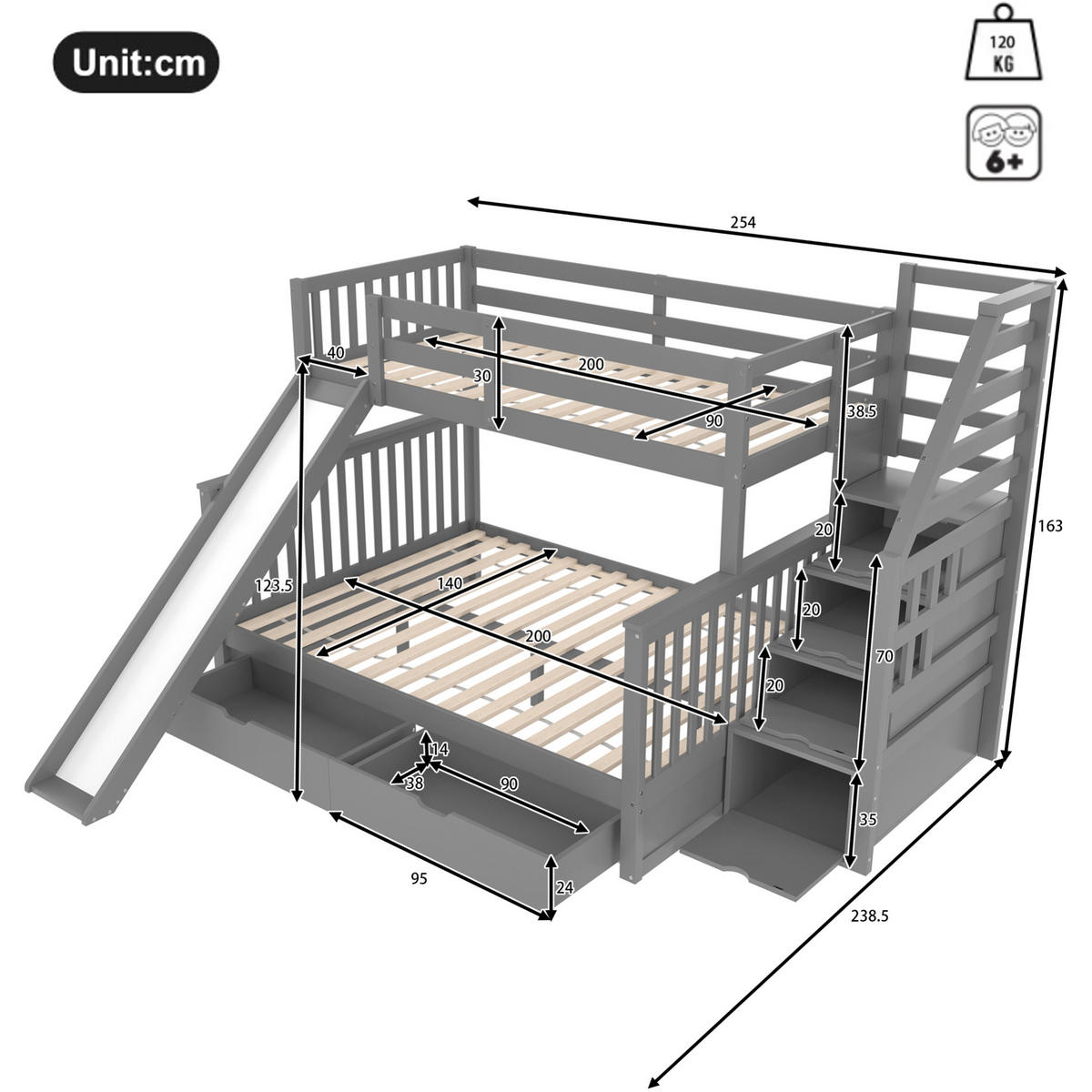 ETAGENBETT 90/200 über 140/200 cm mit Rutsche und Schubladen - Grau, Holz (90/200cm) - BEAOK